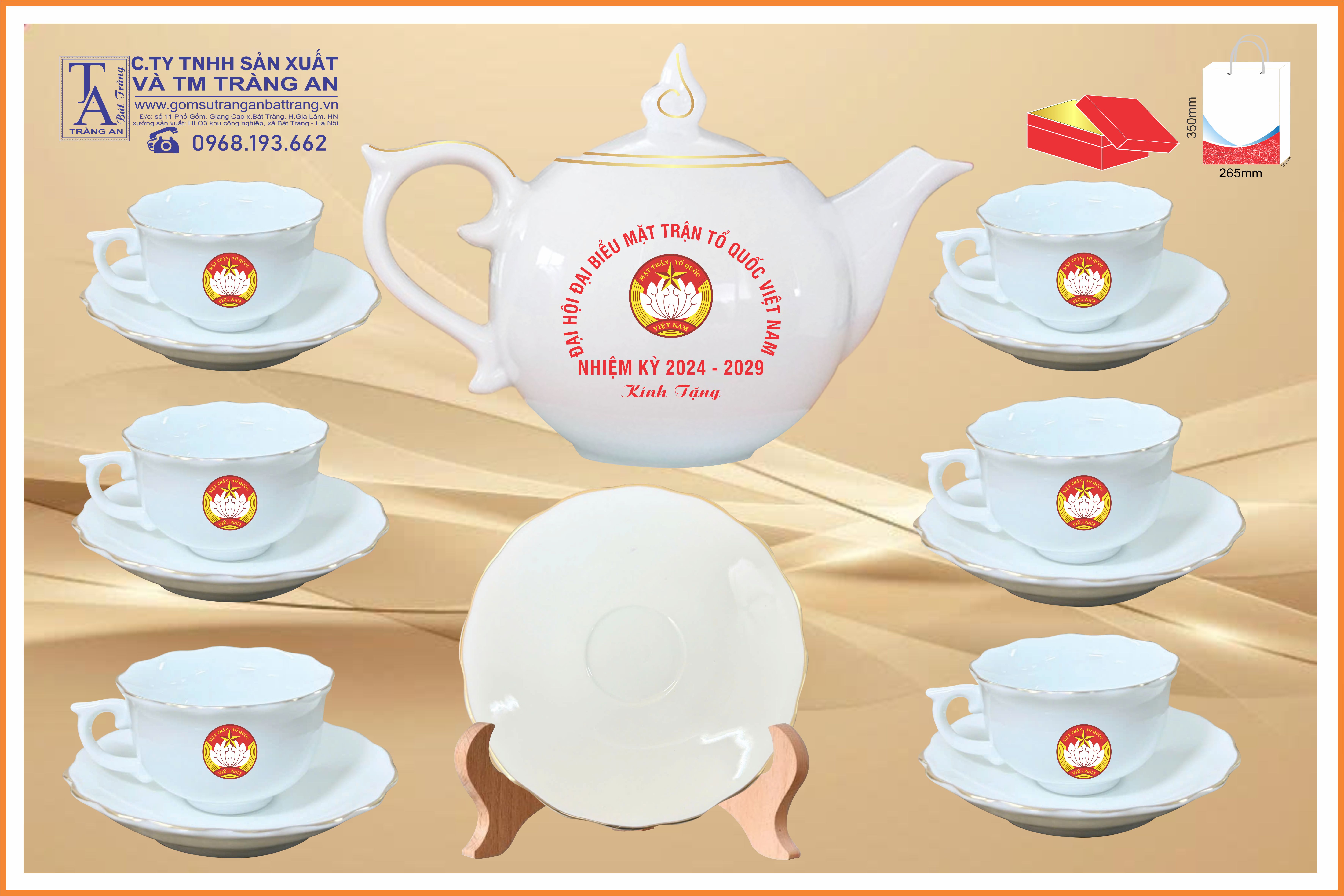 Bộ ấm chén chóp lửa kẻ chỉ vàng kim, in logo